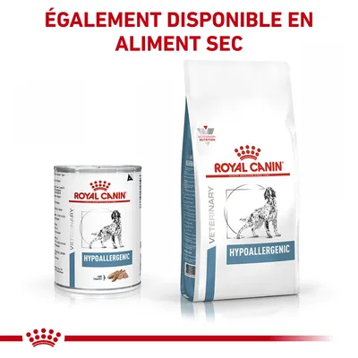 ROYAL CANIN HYPOALLERGENIC VETERINARY, boîte et sac pour chien. Texte visible : ÉGALEMENT DISPONIBLE EN ALIMENT SEC.