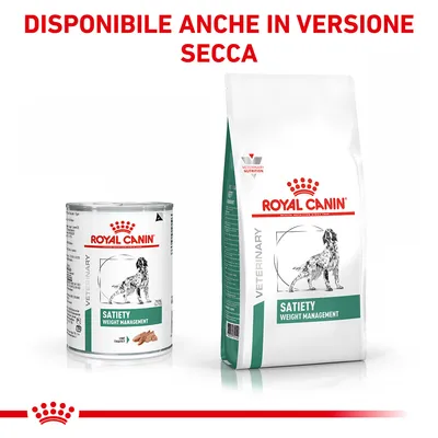 Royal Canin Satiety Weight Management Veterinary, lattina e sacco con cane illustrato. Testo in alto: Disponibile anche in versione secca.
