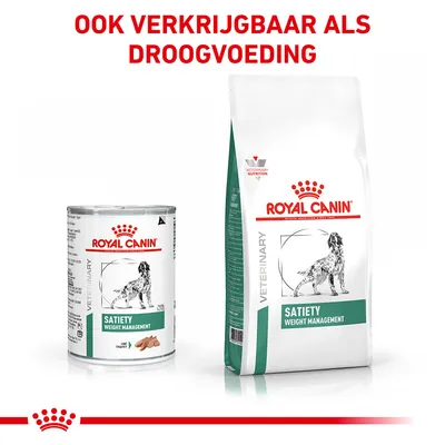 Royal Canin Satiety Weight Management nat- en droogvoer voor honden. Tekst boven: 'Ook verkrijgbaar als droogvoeding'. Verpakking met hond en merknaam zichtbaar.