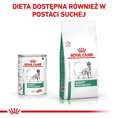 ROYAL CANIN Satiety Weight Management dla psów, dieta dostępna również w postaci suchej. Widoczne opakowania: puszka i worek karmy.