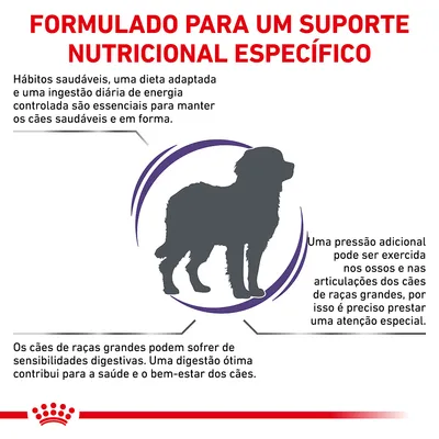 Formulado para um suporte nutricional específico. Texto: hábitos saudáveis, dieta adaptada e energia controlada são essenciais; cães de raças grandes precisam de atenção óssea e digestiva.