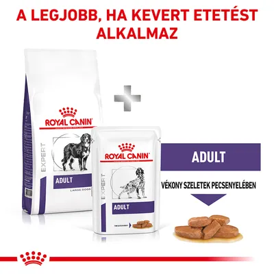 Royal Canin Expert Adult száraz és nedves kutyatáp csomag, vékony szeletek pecsenyelében. Felirat: A legjobb, ha kevert etetést alkalmaz.
