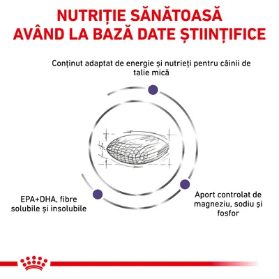 Nutriție sănătoasă având la bază date științifice. Conținut adaptat de energie și nutrienți pentru câinii de talie mică. EPA+DHA, fibre solubile și insolubile. Aport controlat de magneziu, sodiu și fosfor.