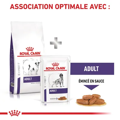 Royal Canin Expert Adult pour chiens, croquettes et sachet émincé en sauce. Texte visible : ASSOCIATION OPTIMALE AVEC, ADULT, ÉMINCÉ EN SAUCE.