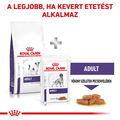 Royal Canin Expert Adult száraz és nedves kutyaeledel csomag, felirat: ADULT, vékony szeletek pecsenyelében. A legjobb, ha kevert etetést alkalmaz.