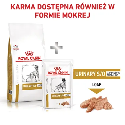 Royal Canin Urinary S/O Ageing 7+ sucha i mokra karma dla psa, opakowania z widocznym napisem LOAF oraz tekst: KARMA DOSTĘPNA RÓWNIEŻ W FORMIE MOKREJ