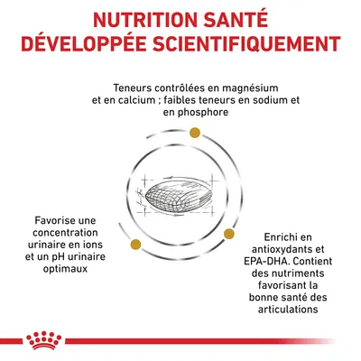 NUTRITION SANTÉ DÉVELOPPÉE SCIENTIFIQUEMENT. Teneurs contrôlées en magnésium et calcium, faibles en sodium et phosphore. Favorise pH urinaire optimal. Enrichi en antioxydants et EPA-DHA.