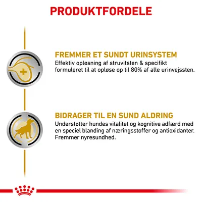 PRODUKTFORDELE: Fremmer et sundt urinsystem. Effektiv opløsning af struvitsten & specifikt formuleret til at opløse op til 80 % af alle urinvejssten. Bidrager til en sund aldring. Understøtter hundes vitalitet og kognitive adfærd med en speciel blanding af næringsstoffer og antioxidanter. Fremmer nyresundhed.