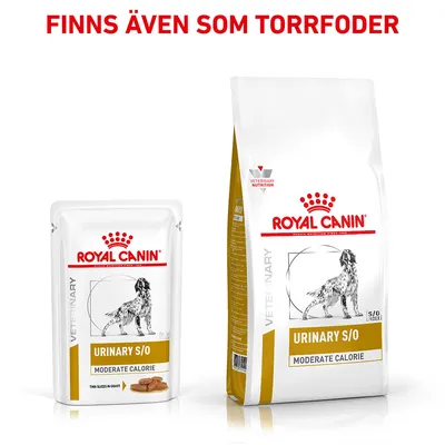 Royal Canin Urinary S/O Moderate Calorie våtfoder och torrfoder för hund, text: 'Finns även som torrfoder' synlig ovanför produkterna.