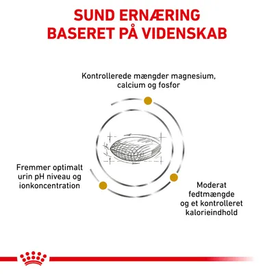 Sund ernæring baseret på videnskab. Kontrollerede mængder magnesium, calcium og fosfor. Fremmer optimalt urin pH niveau og ionkoncentration. Moderat fedtmængde og kontrolleret kalorieindhold.