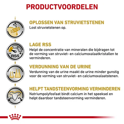 Productvoordelen: oplossen van struvietstenen, lage RSS, verdunning van de urine, helpt tandsteenvorming verminderen. Uitleg bij elk voordeel in het Nederlands zichtbaar.