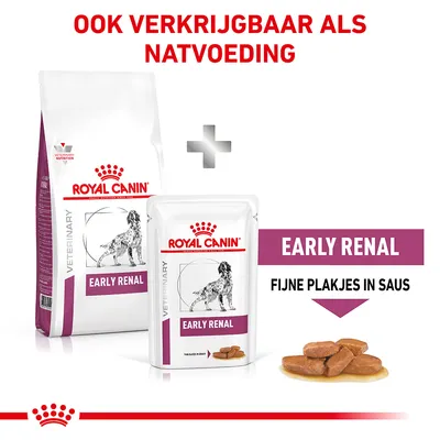 Royal Canin Veterinary Early Renal droog- en natvoer voor honden, tekst: ook verkrijgbaar als natvoeding, fijne plakjes in saus, verpakking en voer zichtbaar.