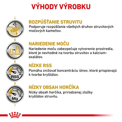 Výhody výrobku: rozpúšťanie struvitu, nariedenie moču, nízke RSS, nízky obsah horčíka. Podporuje rozpúšťanie močových kameňov a znižuje koncentráciu iónov.
