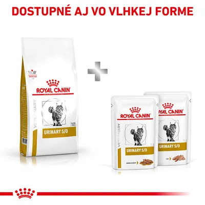 Royal Canin Veterinary Urinary S/O pre mačky, balenie suchého krmiva a dva sáčky vlhkého krmiva. Text: Dostupné aj vo vlhkej forme.