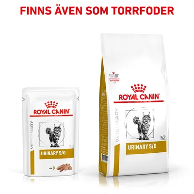 Royal Canin Urinary S/O våtfoder och torrfoder för katt. Text: Finns även som torrfoder. Förpackningar med kattbild och produktnamn synliga.