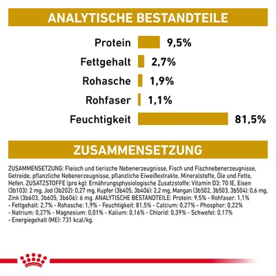 Analytische Bestandteile: Protein 9,5%, Fettgehalt 2,7%, Rohasche 1,9%, Rohfaser 1,1%, Feuchtigkeit 81,5%. Zusammensetzung: Fleisch, tierische Nebenerzeugnisse, Fisch, Getreide, pflanzliche Zutaten.