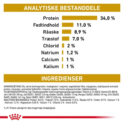 Analytiske bestanddele: protein 34 %, fedtindhold 11 %, råaske 8,9 %, træstof 7 %, chlorid 2 %, natrium 1,2 %, calcium 1 %, kalium 1 %. Ingredienser og sammensætning vises.