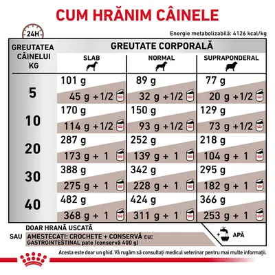 Tabel de hrănire pentru câini: cantități zilnice recomandate în funcție de greutatea corporală (slab, normal, supraponderal) și greutatea câinelui între 5–40 kg. Include opțiuni hrană uscată sau amestec.