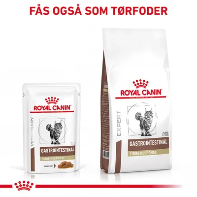 Royal Canin Gastrointestinal Fibre Response kattefoder, vådfoder og tørfoder, tekst: Fås også som tørfoder. Begge pakker viser kattegrafik og produktnavn.