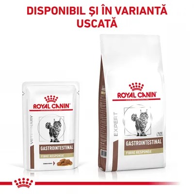 Royal Canin Gastrointestinal Fibre Response pentru pisici, plic și sac. Text vizibil: Disponibil și în variantă uscată.