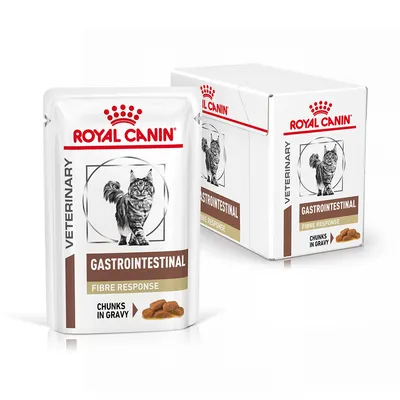 Sachet et boîte Royal Canin Veterinary Gastrointestinal Fibre Response pour chat, texte visible : Chunks in Gravy, image de croquettes en sauce et d’un chat sur l’emballage.