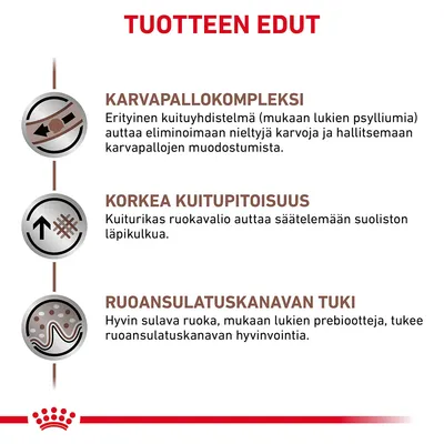 Tuotteen edut: karvapallokompleksi, korkea kuitupitoisuus, ruoansulatuskanavan tuki. Sisältää tarkemmat kuvaukset jokaisesta edusta suomeksi.