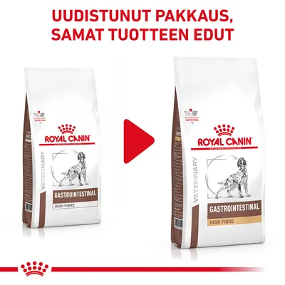 Royal Canin Gastrointestinal High Fibre -koiranruoka, vanha ja uusi pakkaus vierekkäin. Ylhäällä teksti: Uudistunut pakkaus, samat tuotteen edut.
