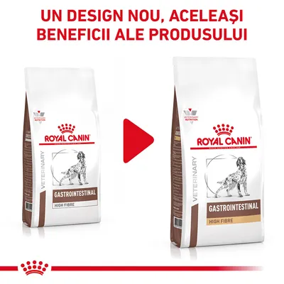Royal Canin Gastrointestinal High Fibre pentru câini, ambalaj vechi și nou. Text: Un design nou, aceleași beneficii ale produsului.