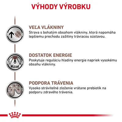 Výhody výrobku: veľa vlákniny, dostatok energie, podpora trávenia. Text: Strava s bohatým obsahom vlákniny, regulácia hladiny energie, vysoko stráviteľné zloženie s prebiotikami.