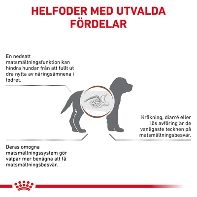 Helfoder med utvalda fördelar. En nedsatt matsmältningsfunktion kan hindra hundar från att tillgodogöra sig näringsämnen. Kräkning, diarré eller lös avföring är vanliga tecken på matsmältningsbesvär.