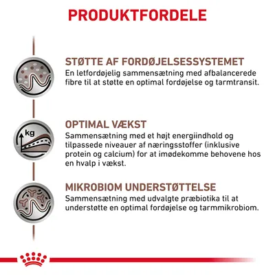 PRODUKTFORDELE: STØTTE AF FORDØJELSESSYSTEMET, OPTIMAL VÆKST, MIKROBIOM UNDERSTØTTELSE. Beskrivelser om fordøjelse, vækst og præbiotika synlige på billedet.