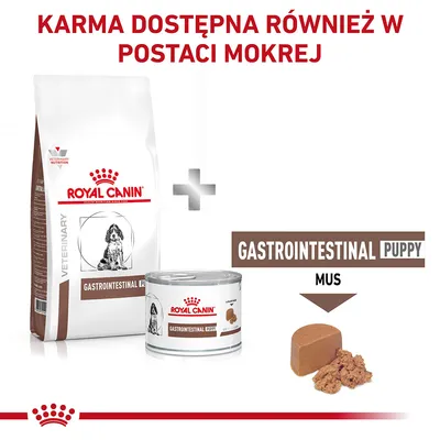 Royal Canin Gastrointestinal Puppy dostępna jako sucha i mokra karma; widoczne opakowanie suchej karmy, puszka oraz mus. Napis: KARMA DOSTĘPNA RÓWNIEŻ W POSTACI MOKREJ.