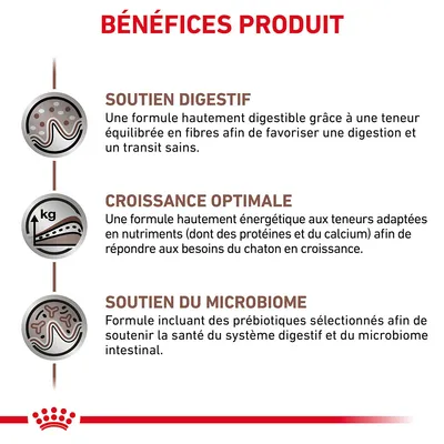 BÉNÉFICES PRODUIT : Soutien digestif, Croissance optimale, Soutien du microbiome. Textes détaillant chaque bénéfice pour la santé digestive et la croissance du chaton.