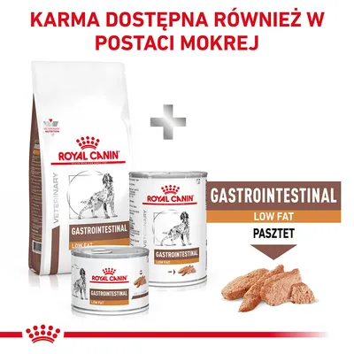Royal Canin Gastrointestinal Low Fat karma sucha i mokra dla psów, widoczne opakowania oraz puszki z pasztetem. Tekst: KARMA DOSTĘPNA RÓWNIEŻ W POSTACI MOKREJ.