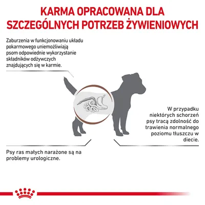 Karma opracowana dla szczególnych potrzeb żywieniowych. Informacje o problemach trawiennych i urologicznych psów oraz utracie zdolności trawienia tłuszczu przy niektórych schorzeniach.