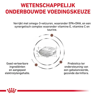 Wetenschappelijk onderbouwde voedingskeuze: verrijkt met omega-3-vetzuren (EPA+DHA), vitamine E, C en taurine. Goed verteerbare ingrediënten, aangepast elektrolytengehalte, prebiotica.