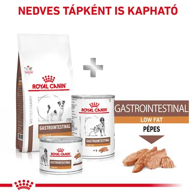 Royal Canin Gastrointestinal Low Fat száraz és nedves kutyatáp, felirat: NEDVES TÁPKÉNT IS KAPHATÓ, GASTROINTESTINAL LOW FAT PÉPES
