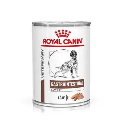 Royal Canin Veterinary Gastrointestinal Low Fat Loaf -koiran märkäruokapurkki, etiketissä koirakuva ja tekstit: GASTROINTESTINAL, LOW FAT, LOAF.