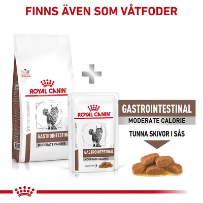 Royal Canin Veterinary Gastrointestinal Moderate Calorie torr- och våtfoder för katt. Text: Finns även som våtfoder, tunna skivor i sås.
