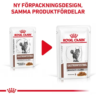 Ny förpackningsdesign för Royal Canin Veterinary Gastrointestinal Moderate Calorie Thin Slices in Gravy, samma produktfördelar enligt bilden.