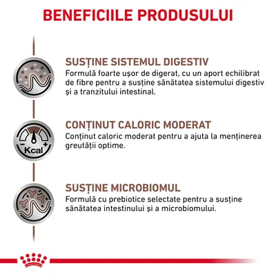 Beneficiile produsului: susține sistemul digestiv, conținut caloric moderat, susține microbiomul. Text în limba română despre digestie, calorii și prebiotice.