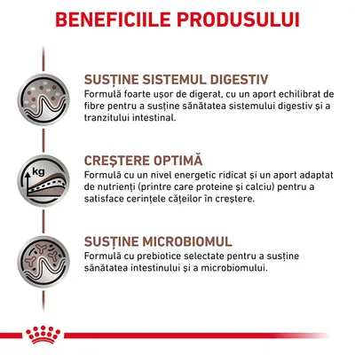 Beneficiile produsului: susține sistemul digestiv, creștere optimă, susține microbiomul. Text explicativ pentru fiecare beneficiu vizibil în imagine.