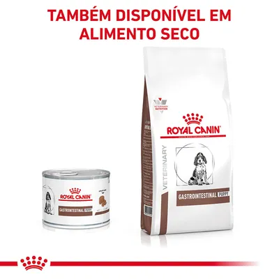 Royal Canin Gastrointestinal Puppy em lata e saco. Texto visível: 'TAMBÉM DISPONÍVEL EM ALIMENTO SECO'. Rótulos mostram cão e indicação veterinária.
