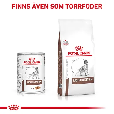 Royal Canin Veterinary Gastrointestinal våtfoderburk och torrfodersäck för hund. Text ovan: Finns även som torrfoder.