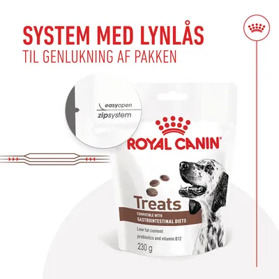 Royal Canin Treats 230 g med lynlåslukning. Tekst: SYSTEM MED LYNLÅS TIL GENLUKNING AF PAKKEN, easyopen zipsystem, compatible with gastrointestinal diets, low fat content, prebiotics and vitamin B12.