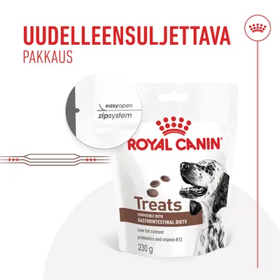 Royal Canin Treats -koiranherkut, uudelleensuljettava pakkaus, easyopen zipsystem, 230 g. Teksti: compatible with gastrointestinal diets, low fat content, prebiotics and vitamin B12.