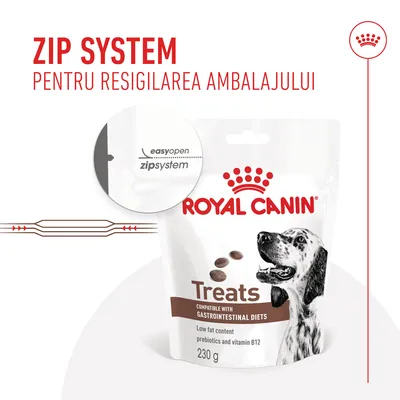 ROYAL CANIN Treats 230 g, sistem zip pentru resigilarea ambalajului. Text vizibil: easyopen zipsystem, compatible with gastrointestinal diets, low fat content, prebiotics and vitamin B12.