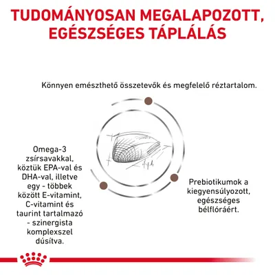 TUDOMÁNYOSAN MEGALAPOZOTT, EGÉSZSÉGES TÁPLÁLÁS. Könnyen emészthető összetevők, megfelelő réztartalom, omega-3 zsírsavak, E- és C-vitamin, taurin, prebiotikumok a bélflóráért.