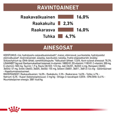 Ravintoaineet: raakavalkuainen 16 %, raakakuitu 2,3 %, raakarasva 16 %, tuhka 4,7 %. Ainesosat ja lisäaineet lueteltu yksityiskohtaisesti. Muuntokelpoinen energia: 3881 kcal/kg.