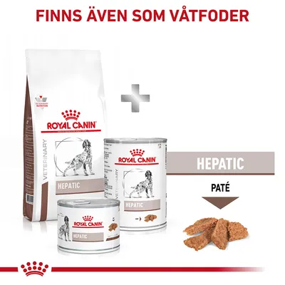 Royal Canin Veterinary Hepatic torrfoderpåse och två burkar våtfoder med texten 'Finns även som våtfoder', 'HEPATIC' och 'PATÉ'. Bild på paté-bitar.